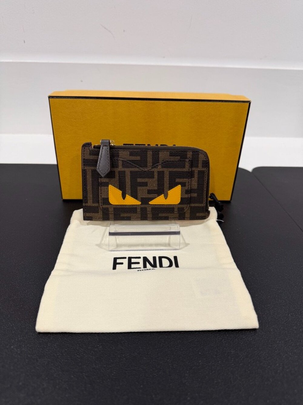 Fendi Zucca FF Monster Eyes Zip Card Holder Wallet Brown Yellow (JB1591)